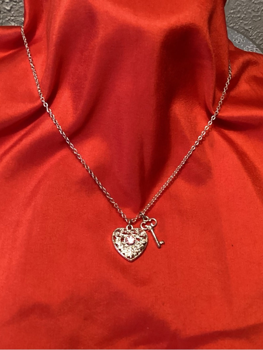 Silver Heart Locket Necklace with Key Pendant - Elegant Women's Jewelry